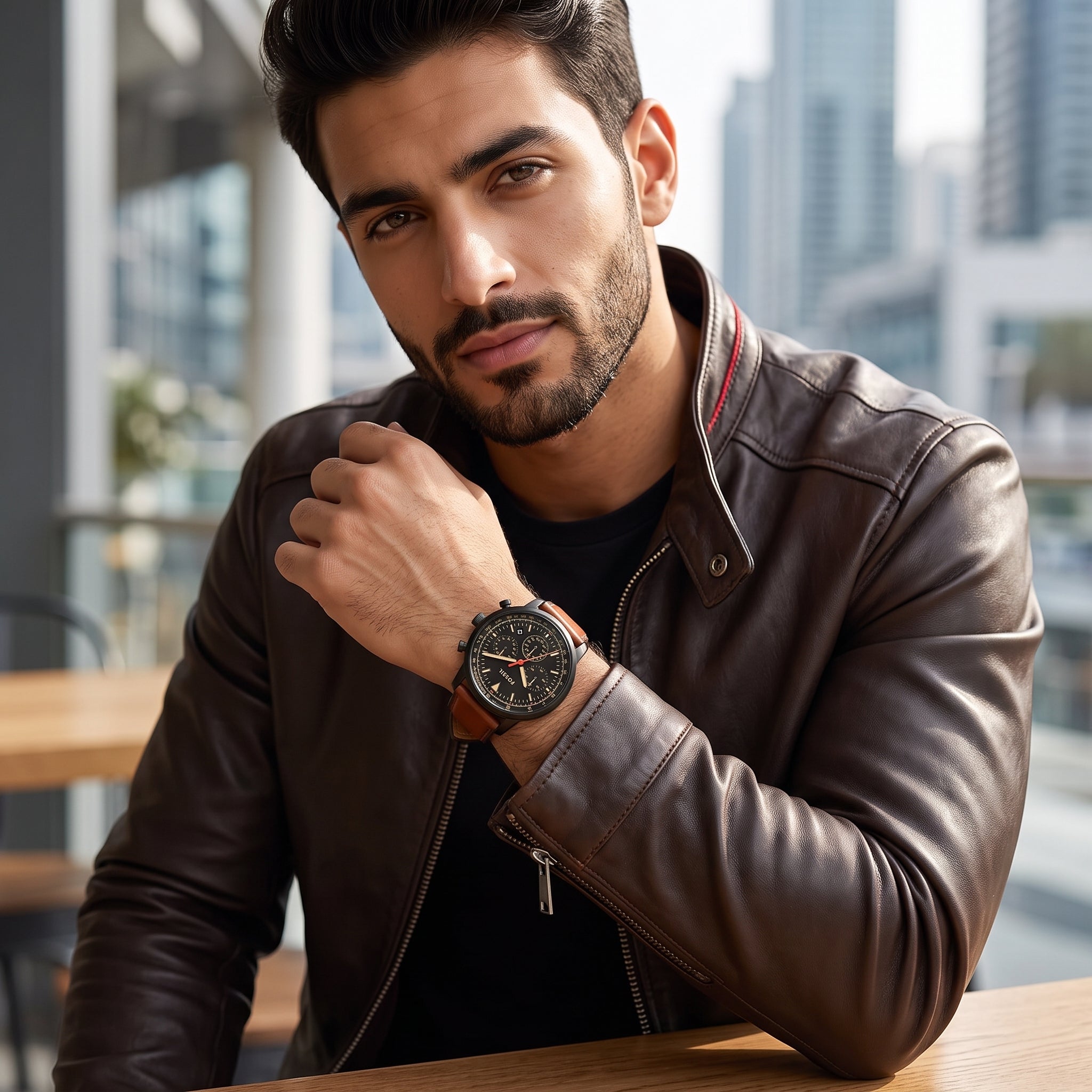 Luxury lifestyle image featuring the Fossil Goodwin FS5501 chronograph watch.