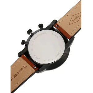 Fossil watch with brown leather strap and black case on a white background
