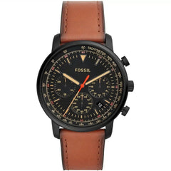 Front view of Fossil Goodwin FS5501 men's chronograph watch with black dial and brown leather strap.