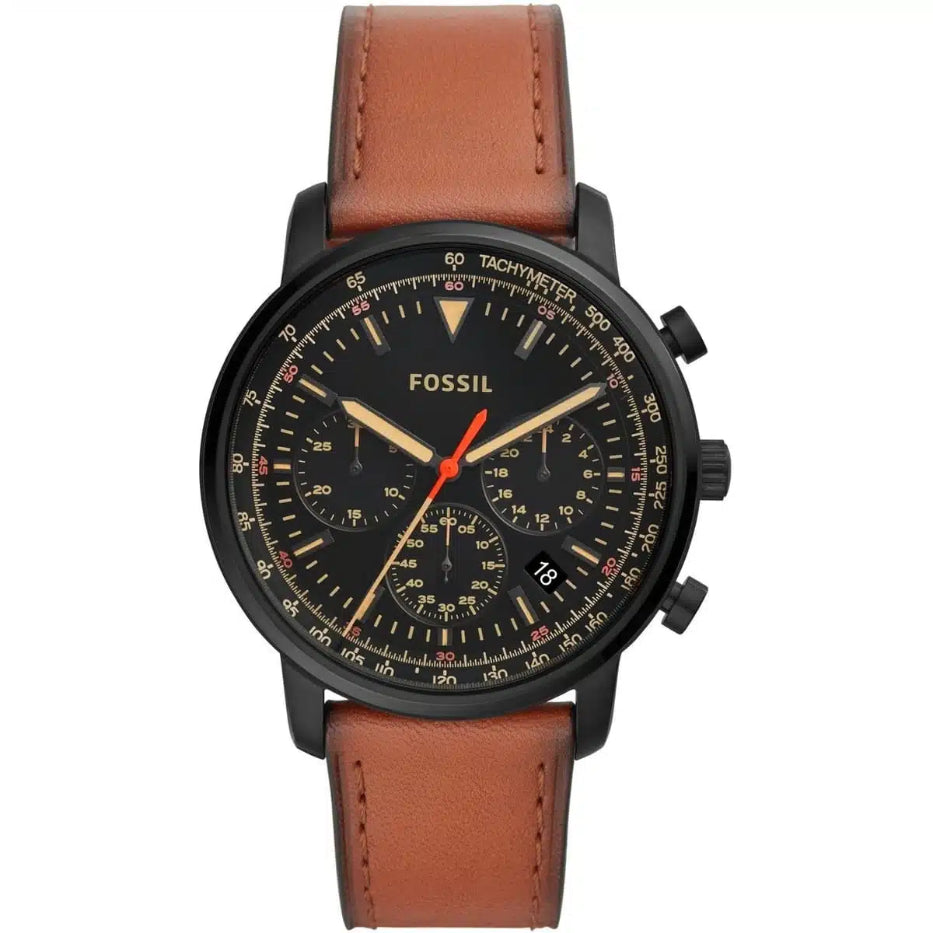 Front view of Fossil Goodwin FS5501 men's chronograph watch with black dial and brown leather strap.