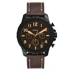 Front view of Fossil Machine FS5601 men's chronograph watch with brown dial and brown leather strap.