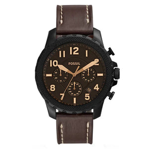 Front view of Fossil Machine FS5601 men's chronograph watch with brown dial and brown leather strap.