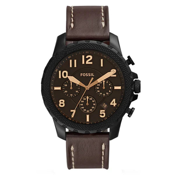 Front view of Fossil Machine FS5601 men's chronograph watch with brown dial and brown leather strap.