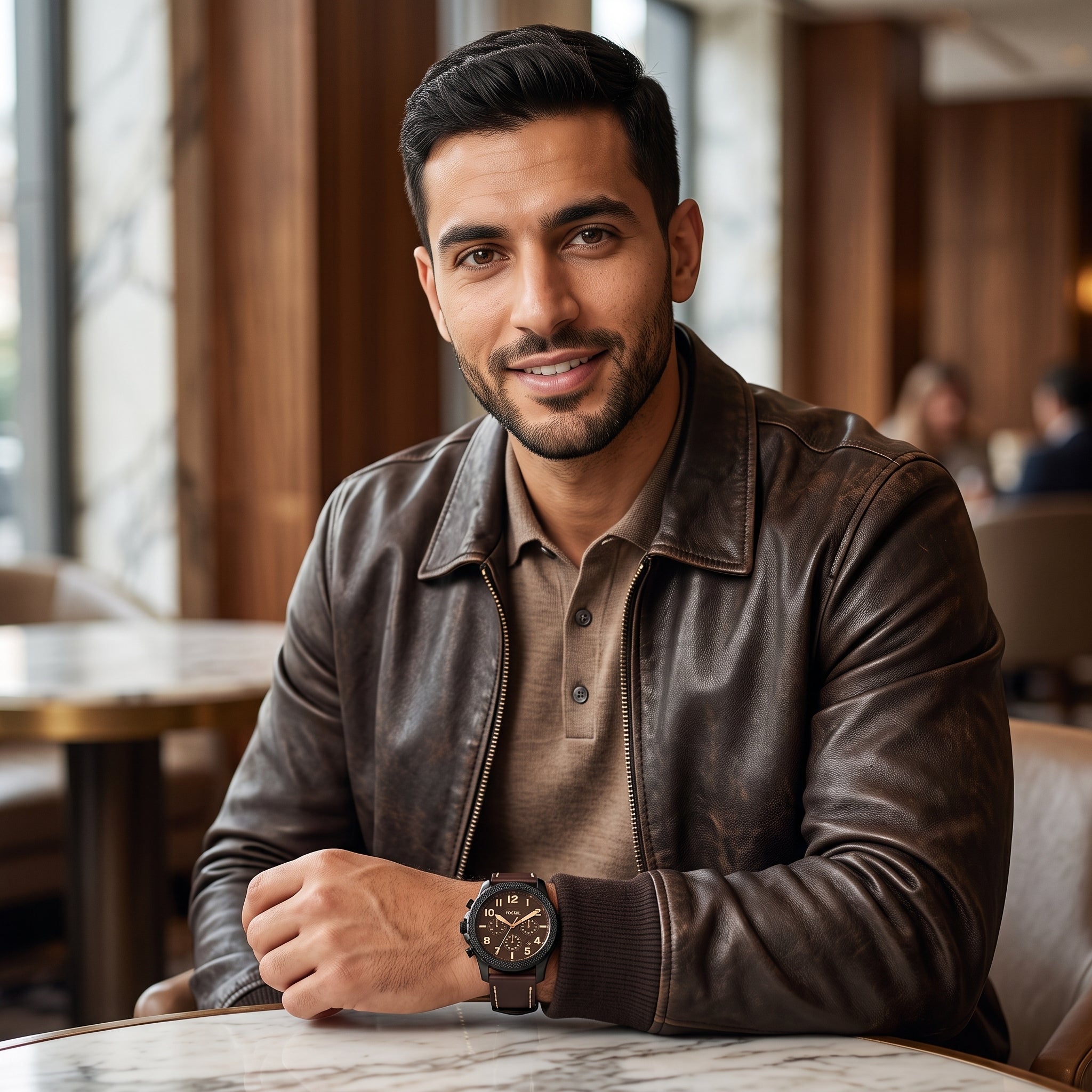 Luxury lifestyle image featuring the Fossil Machine FS5601 chronograph watch.