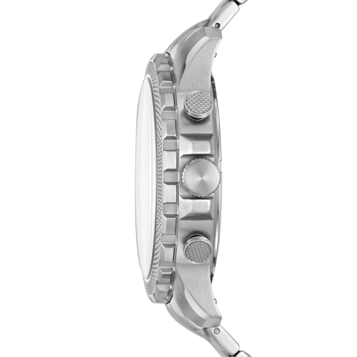 Side profile of a stainless steel watch with a textured bezel, three crown buttons, and a matching metal link bracelet on a white background.