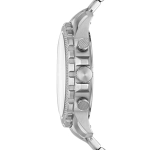 Side profile of a stainless steel watch with a textured bezel, three crown buttons, and a matching metal link bracelet on a white background.