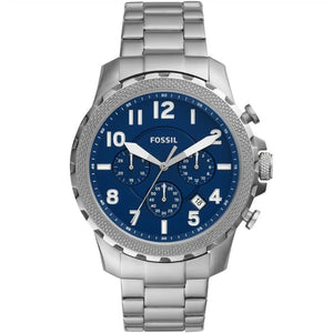 Fossil Bowman FS5604 men's quartz chronograph watch with blue dial and silver stainless steel bracelet