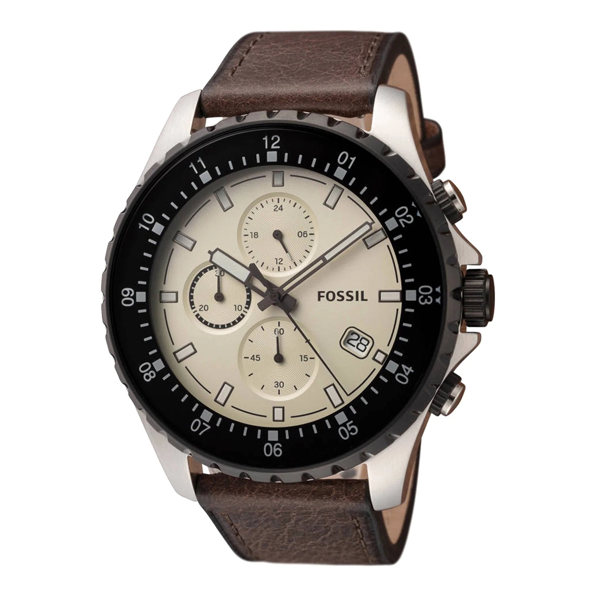 Fossil watch with brown leather strap and black dial on a white background