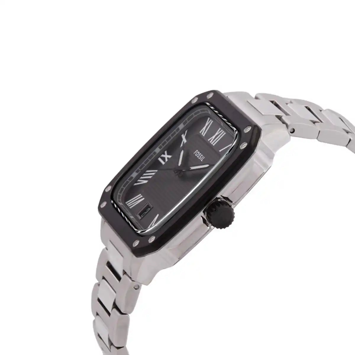 Perspective photo of Fossil FS6122 showing the side profile and polished silver finish