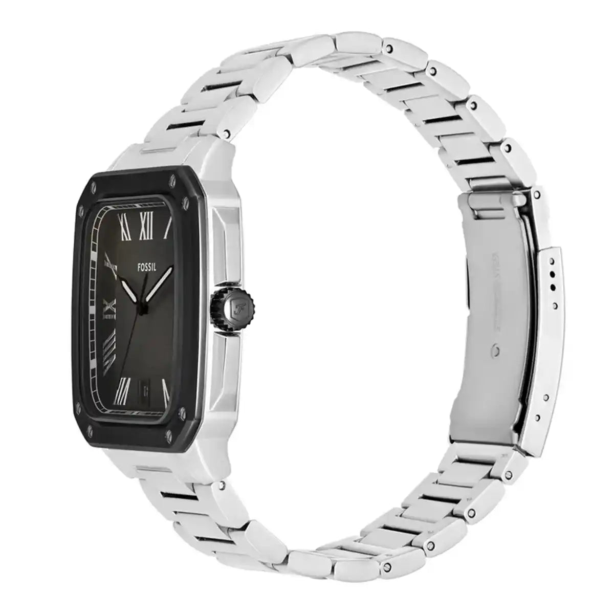 Detail photo of the silver crown on the Fossil FS6122 inscribed watch