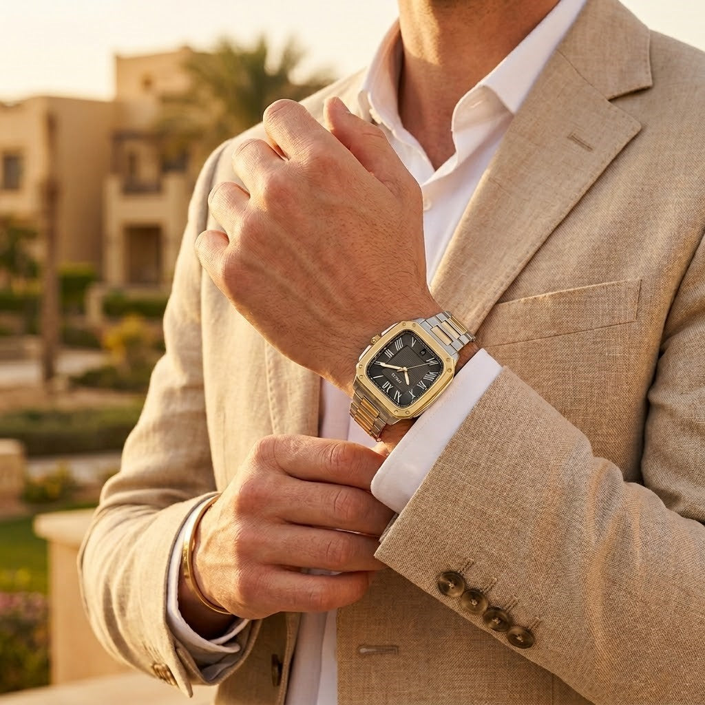 Lifestyle photo of Fossil FS6123 showing the bold two-tone square watch on a man's wrist