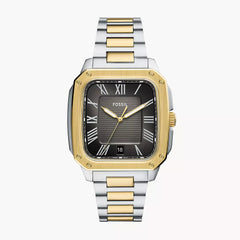 Authentic real-life photo of Fossil FS6123 showing actual square case and gold industrial bezel