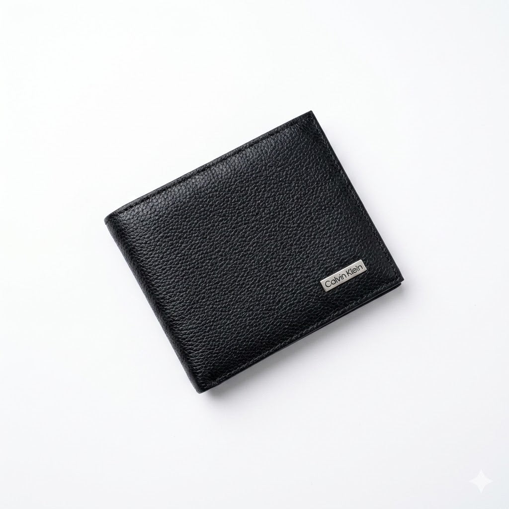 Professional angled studio photograph of the sleek Calvin Klein mirror original pebbled black leather bi-fold wallet