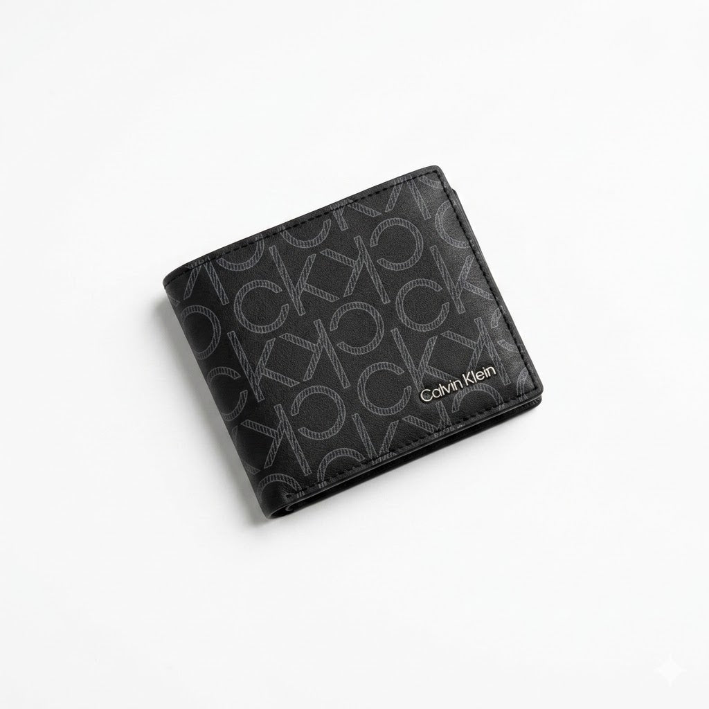 Professional angled studio photograph of the sleek Calvin Klein mirror original black leather bi-fold wallet covered in grey ck monogram