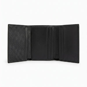 Detailed view of the internal clear flip-up ID card window inside the Calvin Klein saffiano leather wallet