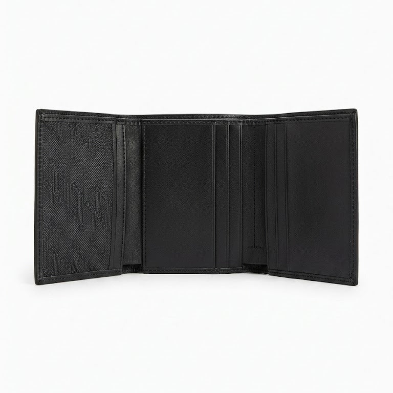 Detailed view of the internal clear flip-up ID card window inside the Calvin Klein saffiano leather wallet