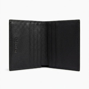 Black leather wallet with visible brand logo on a white background