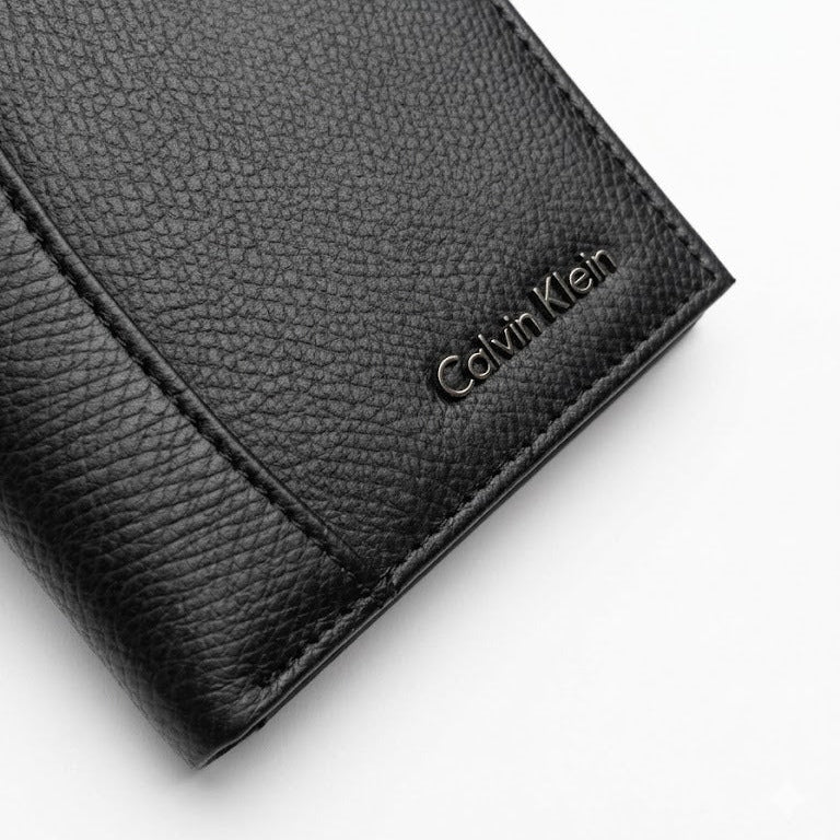 Straight front view product photography of the Calvin Klein black saffiano leather wallet showcasing the smooth engraved center logo band