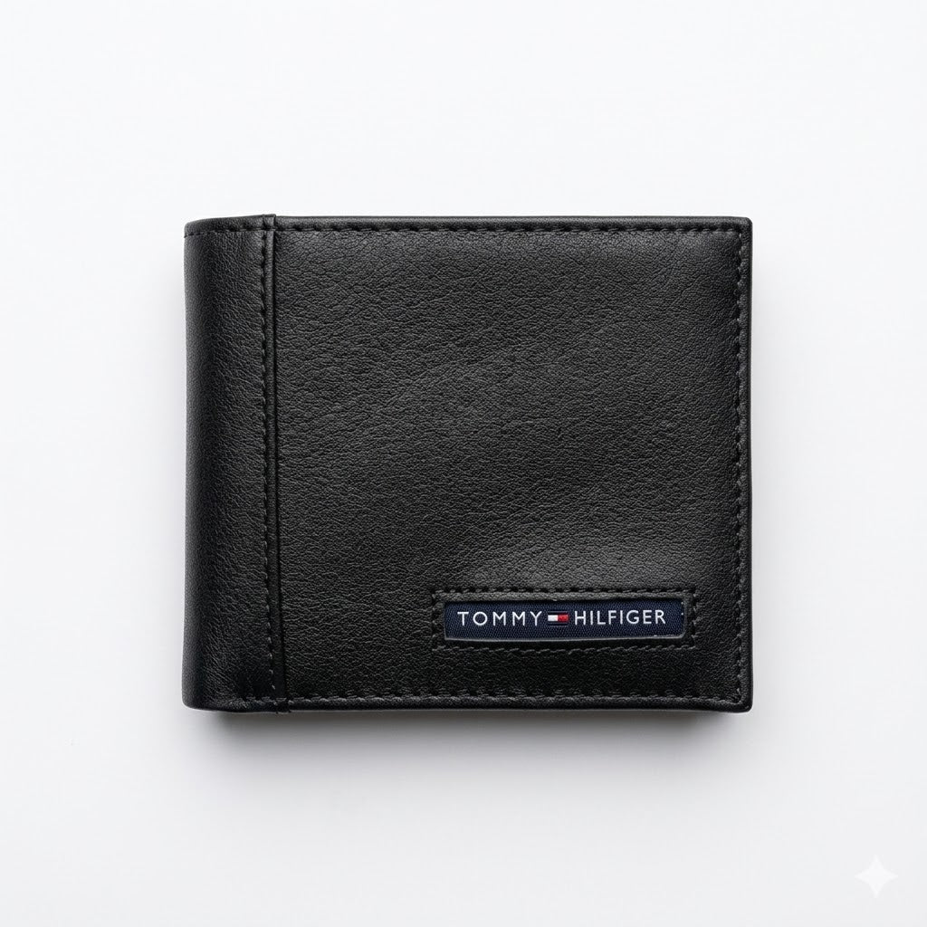 Straight front view product photography of the Calvin Klein black leather wallet showcasing the all-over embossed ck monogram pattern and center logo