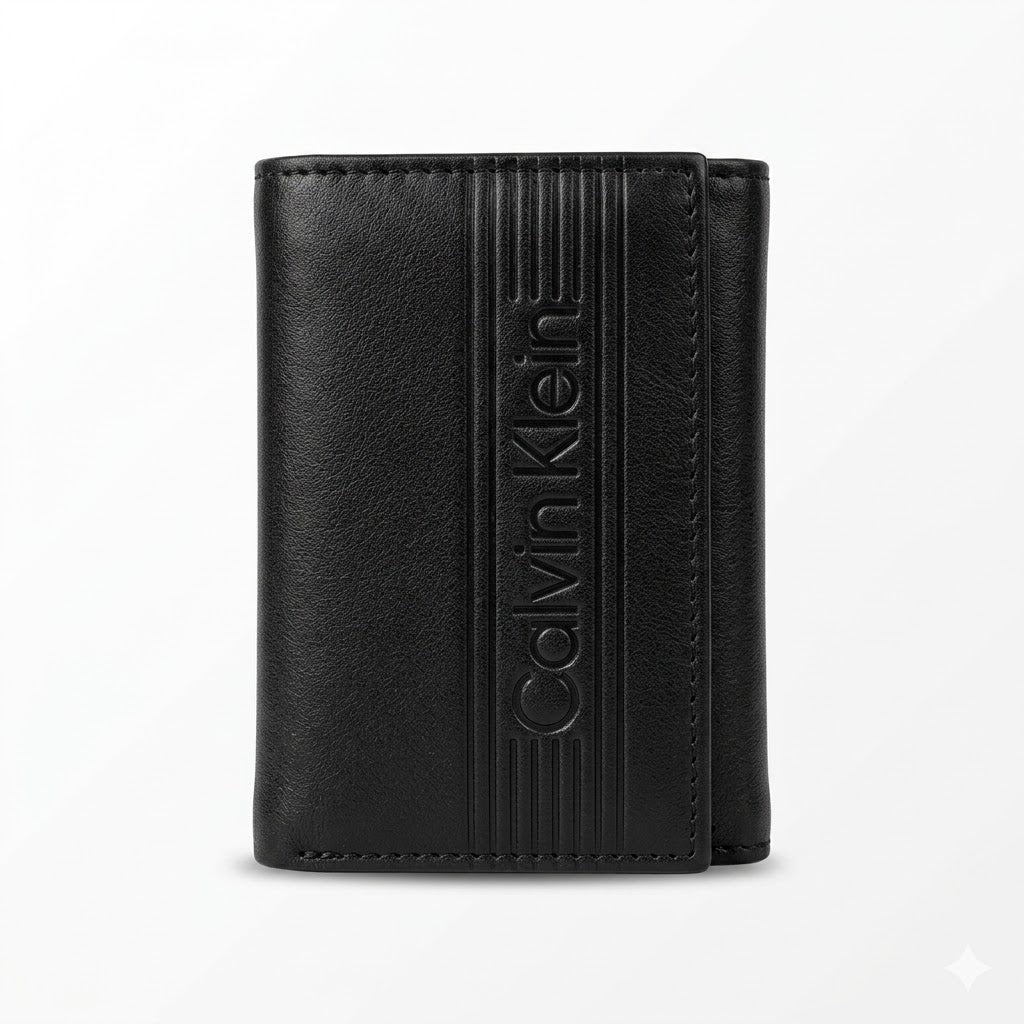 Straight front view product photography of the Calvin Klein black leather trifold wallet showcasing smooth finish and debossed linear logo