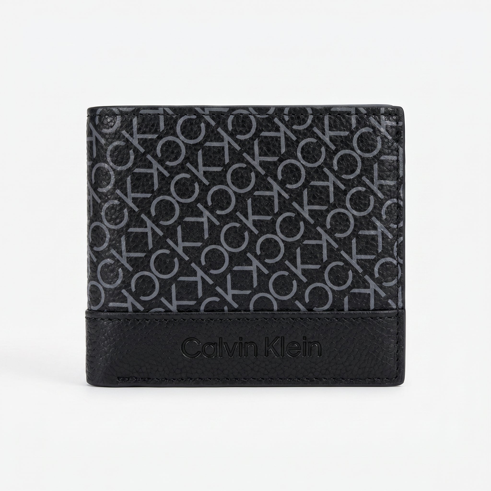 Straight front view product photography of the Calvin Klein black leather trifold wallet showcasing smooth finish and polished silver angled metal bar logo