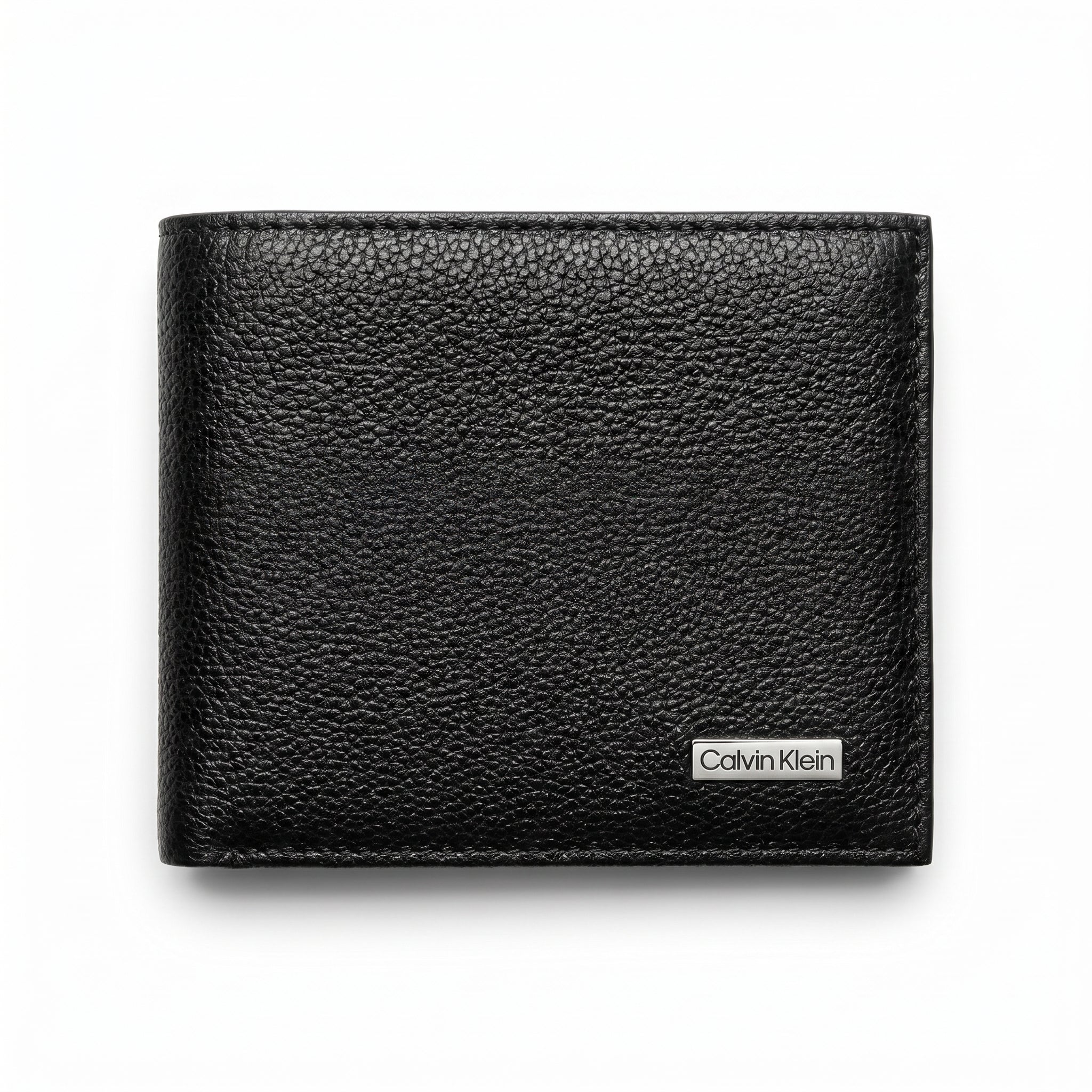 Full premium presentation of the Calvin Klein mirror original pebbled black leather wallet set with its white gift box and matching shopping bag