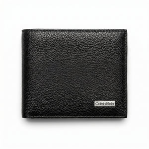 Full premium presentation of the Calvin Klein mirror original pebbled black leather wallet set with its white gift box and matching shopping bag