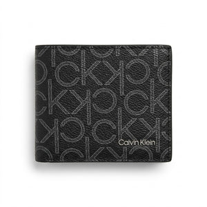 Straight front view product photography of the Calvin Klein black leather wallet showcasing the grey printed monogram pattern and corner silver script logo