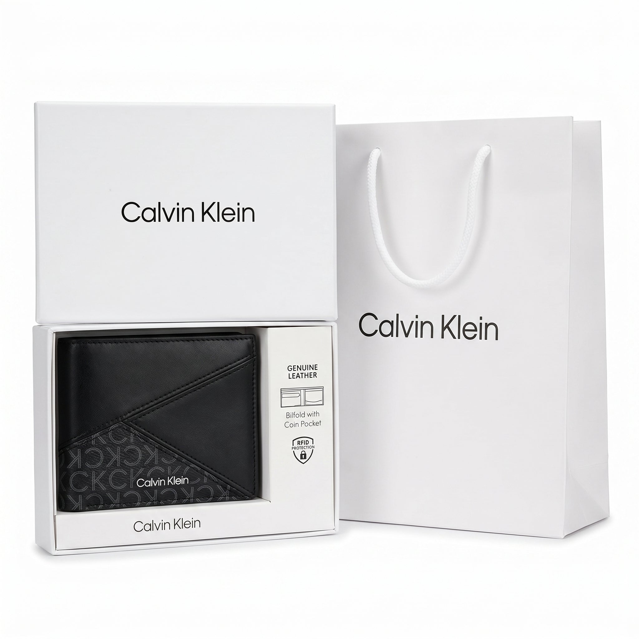 Full presentation of the Calvin Klein mirror original smooth black leather bifold wallet with custom gift box and shopping bag