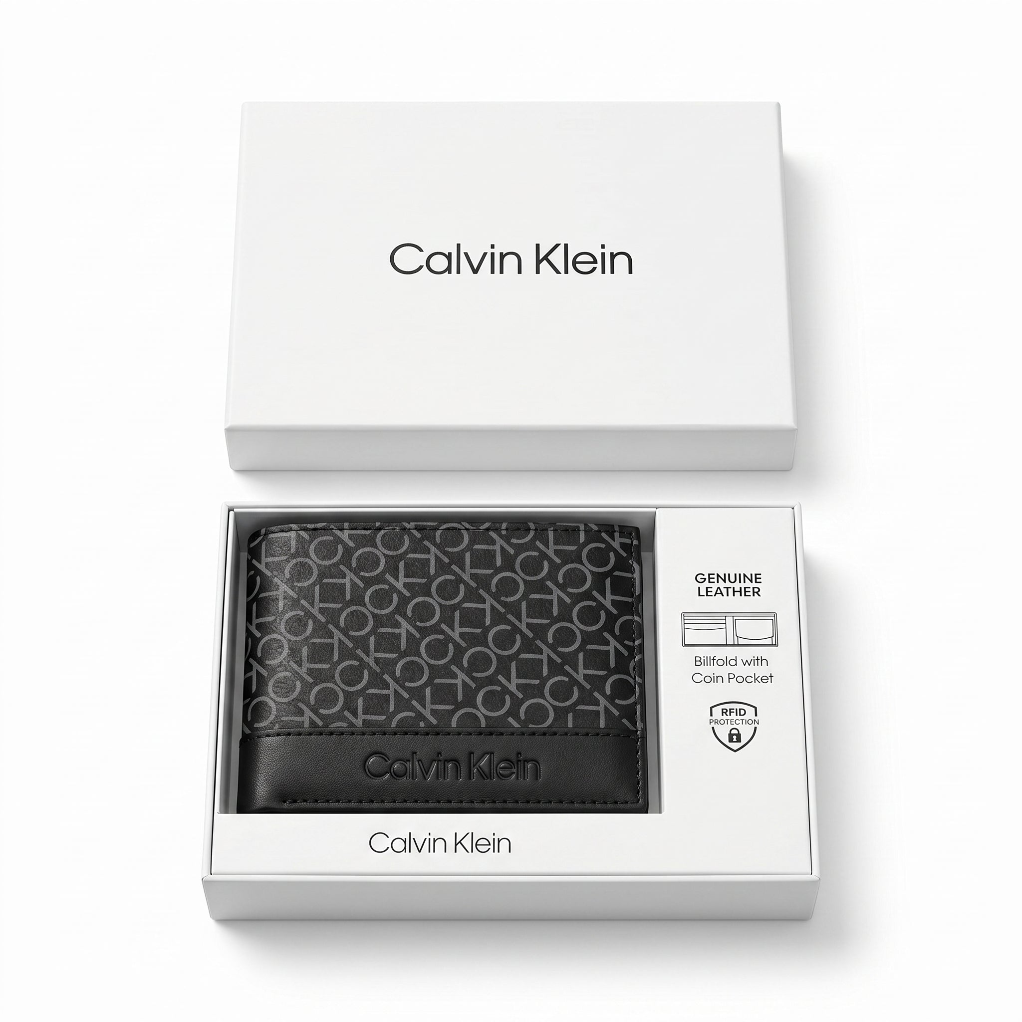 Top-down studio photograph of the Calvin Klein smooth black leather trifold wallet presented inside its open premium white gift box