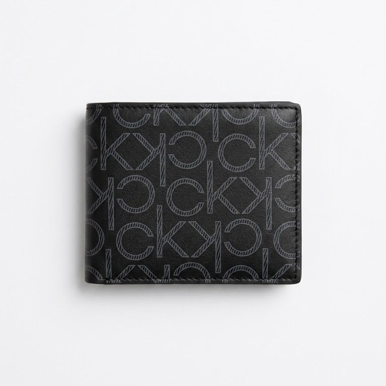 Full back view product photography of the Calvin Klein genuine leather bi-fold wallet displaying the seamless grey printed ck monogram design