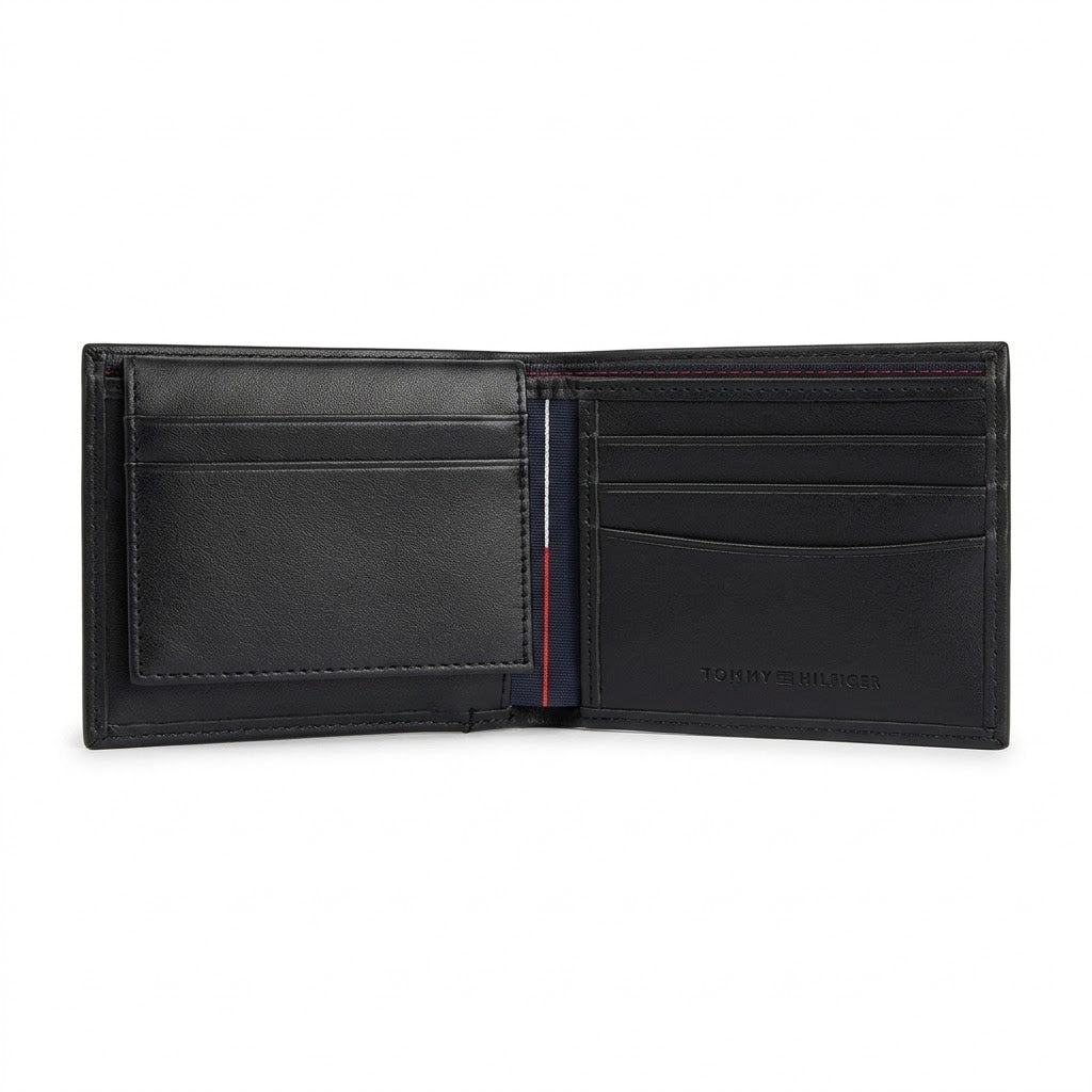 Internal layout view of the Calvin Klein monogram leather wallet showing multiple card slots and clear flip-up ID window