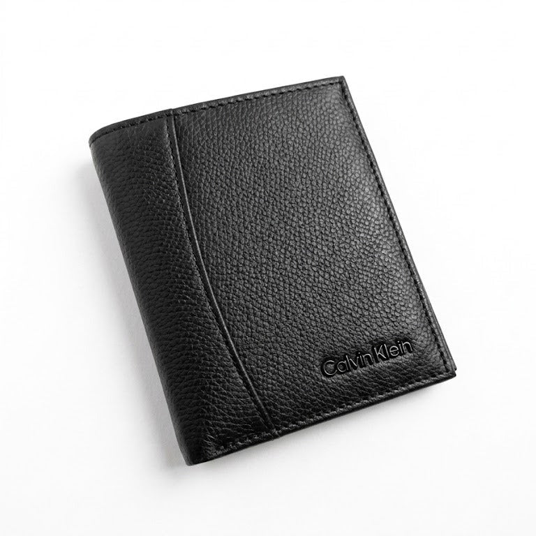 Premium Calvin Klein mirror original saffiano black leather wallet showcased inside its white gift box alongside the shopping bag