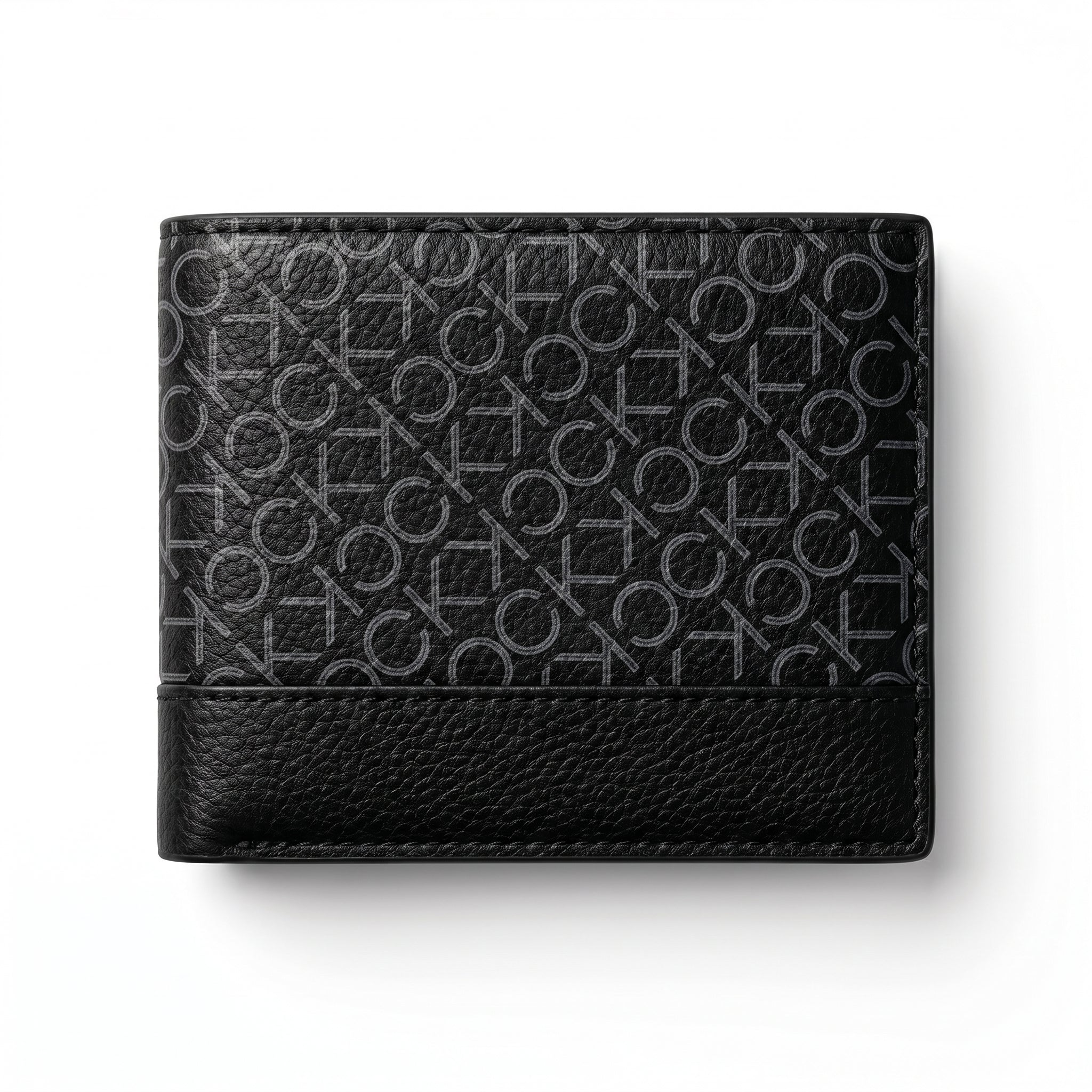 Angled studio shot of the Calvin Klein mirror original black leather trifold wallet emphasizing fine stitching and smooth premium texture