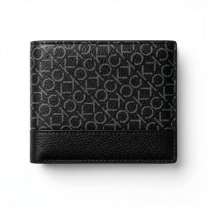 Angled studio shot of the Calvin Klein mirror original black leather trifold wallet emphasizing fine stitching and smooth premium texture