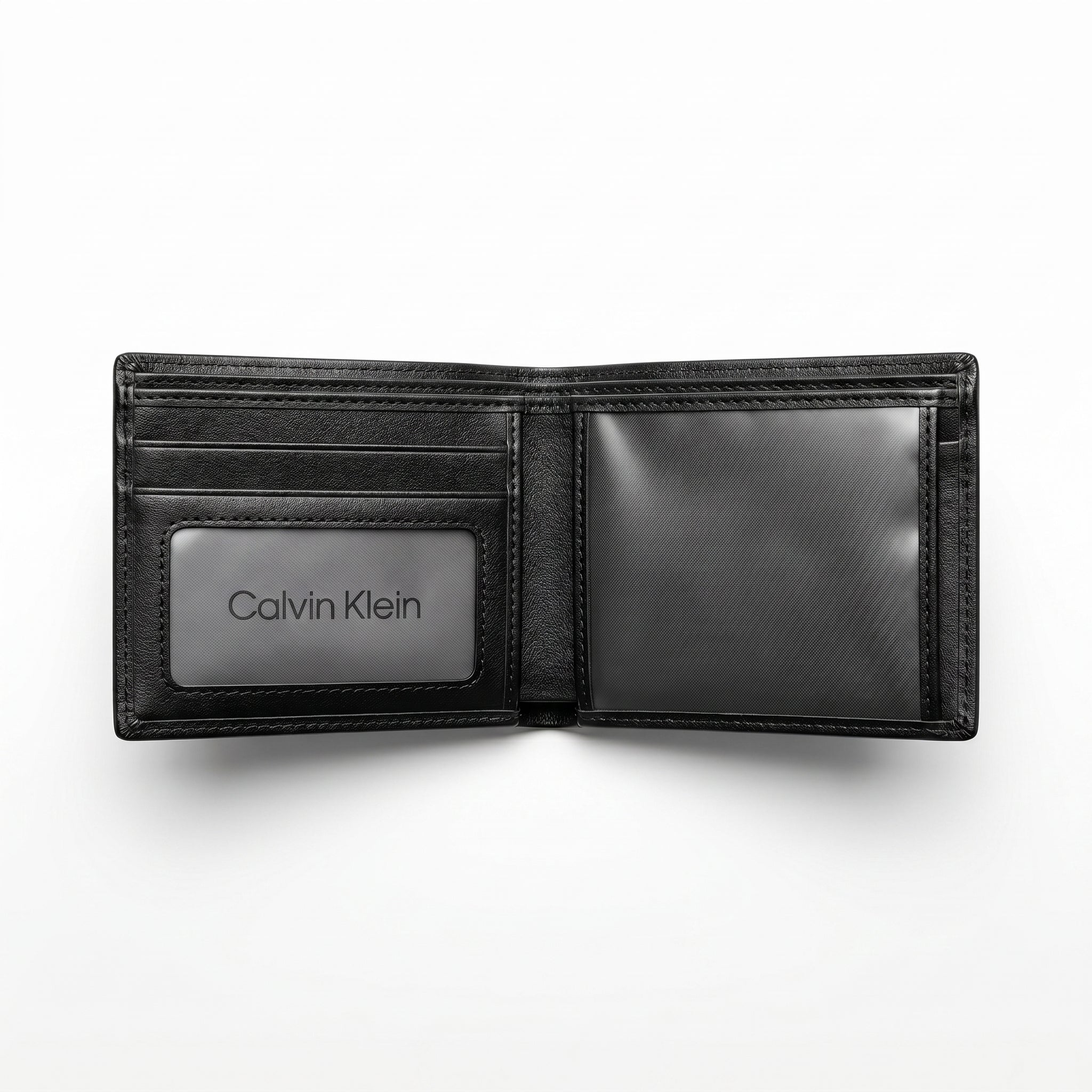 Angled studio shot of the Calvin Klein mirror original black leather trifold wallet emphasizing fine stitching and smooth premium texture