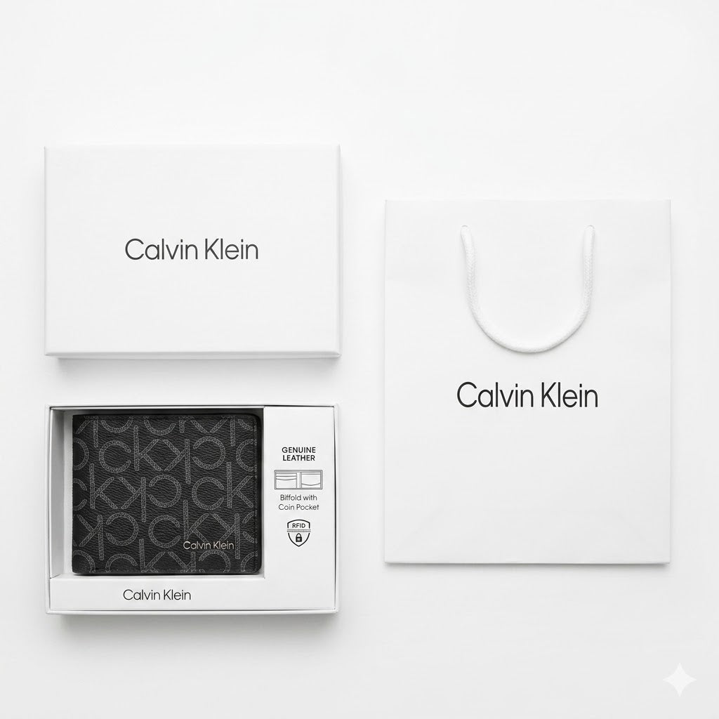 Full presentation of the Calvin Klein mirror original grey monogram printed leather wallet set with original white gift box and shopping bag