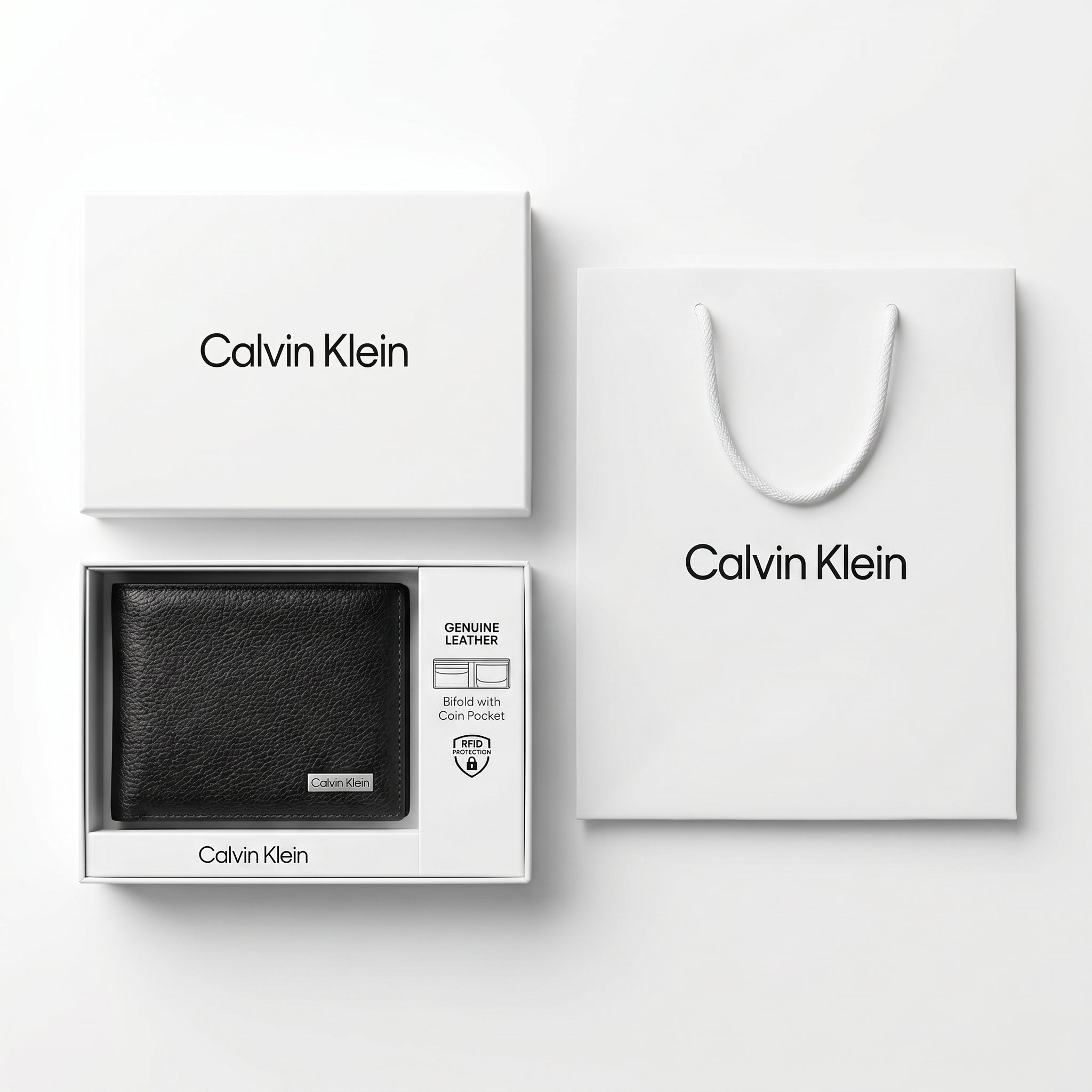 Full premium presentation of the Calvin Klein mirror original pebbled black leather wallet set with its white gift box and matching shopping bag