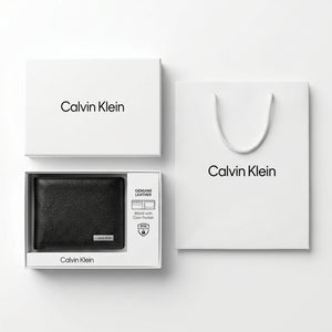 Full premium presentation of the Calvin Klein mirror original pebbled black leather wallet set with its white gift box and matching shopping bag