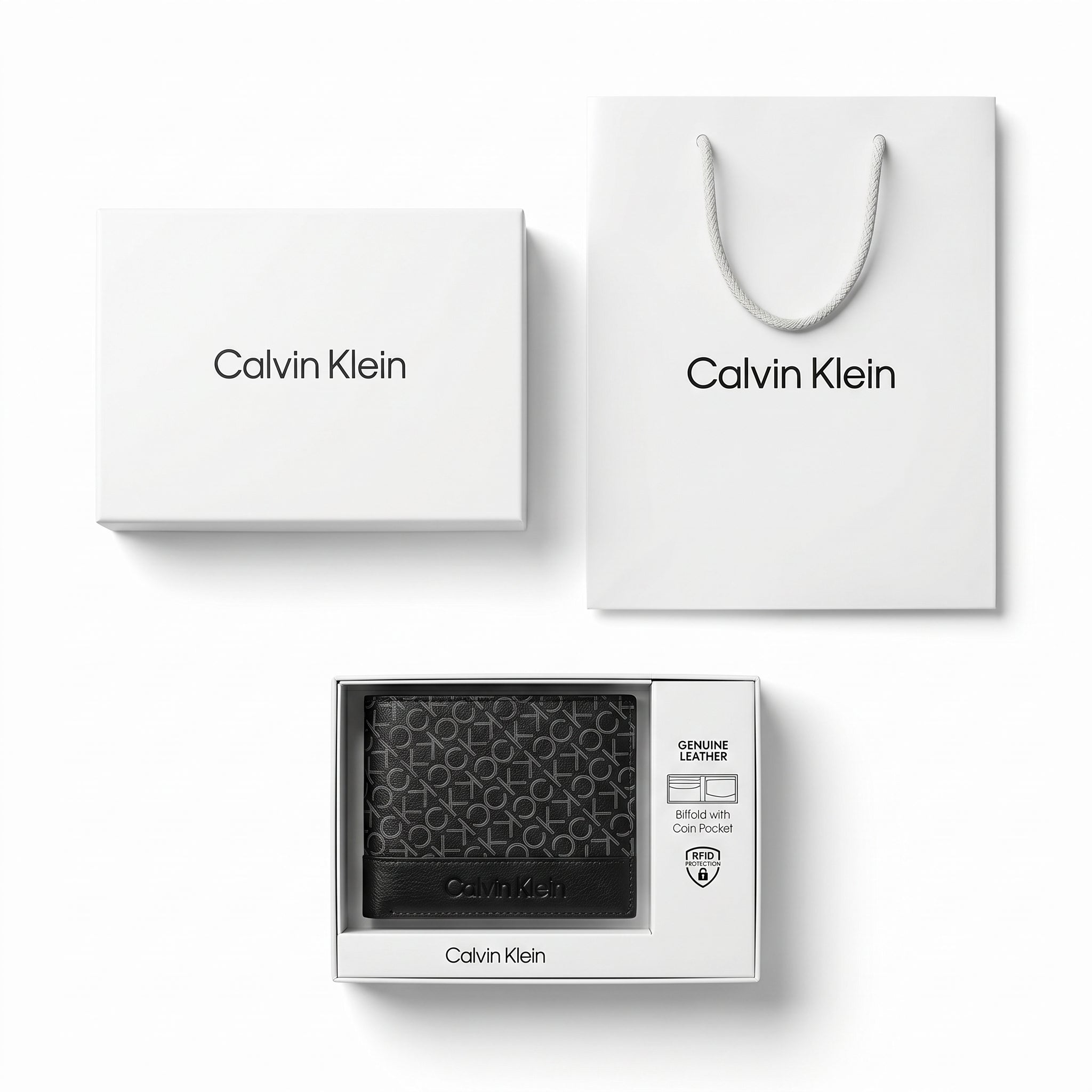 Full premium presentation of the Calvin Klein mirror original smooth black leather trifold wallet set with its white gift box and shopping bag
