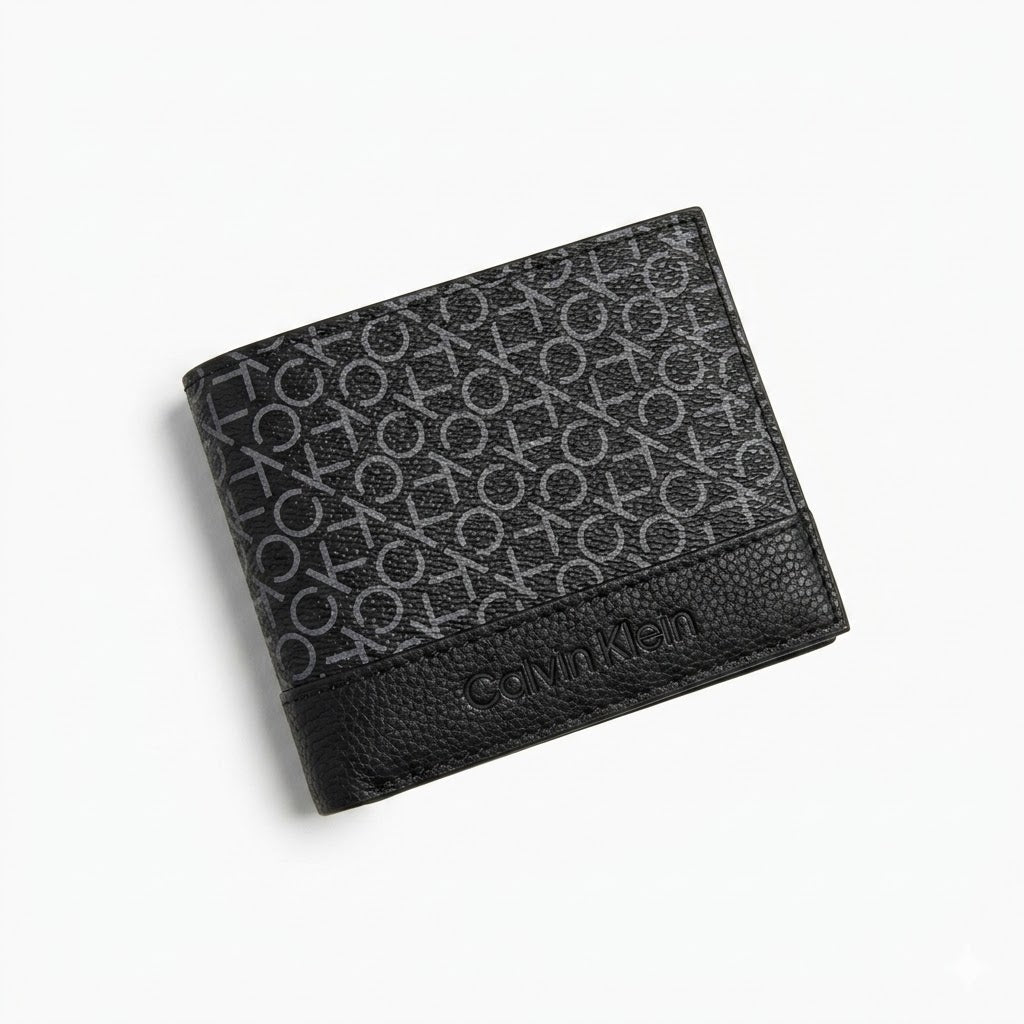 Full premium presentation of the Calvin Klein mirror original smooth black leather trifold wallet set with its white gift box and shopping bag