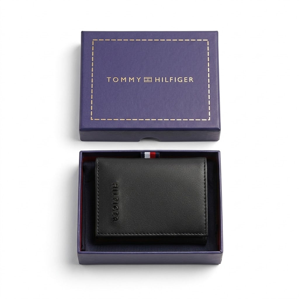 Top-down studio photograph of the Tommy Hilfiger smooth black leather trifold wallet presented inside its open premium navy gift box