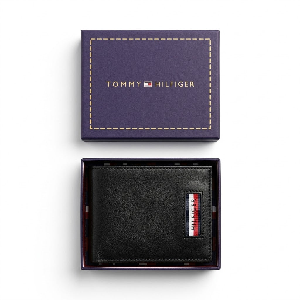 Top-down studio photograph of the Tommy Hilfiger saffiano leather trifold wallet neatly placed inside its open navy gift box