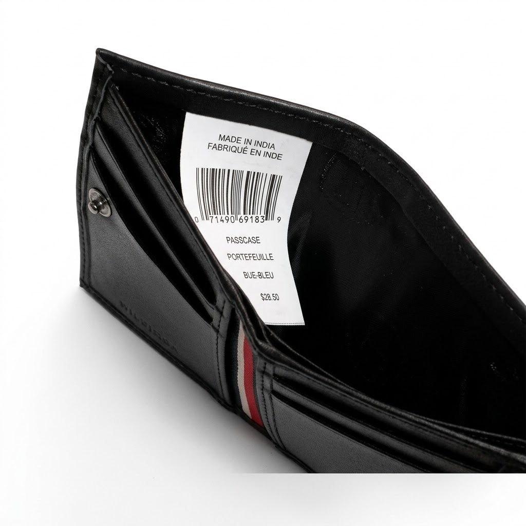 Inside view of the Tommy Hilfiger trifold wallet currency pocket showing the white authenticity label, barcode tag, and inner lining craftsmanship