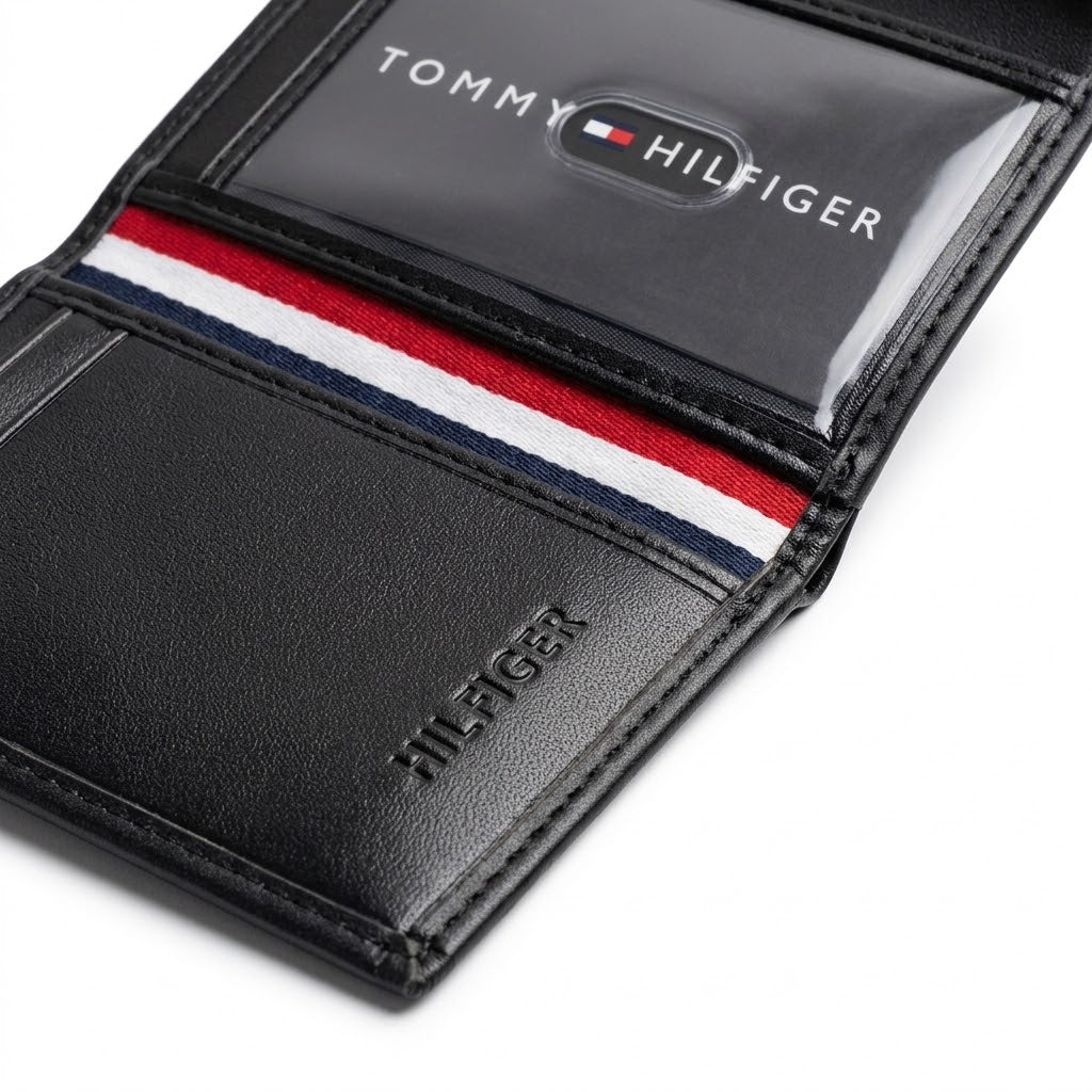 Macro close-up view showing the internal embossed Hilfiger text logo, fine stiching, and signature red, white, and blue fabric stripe