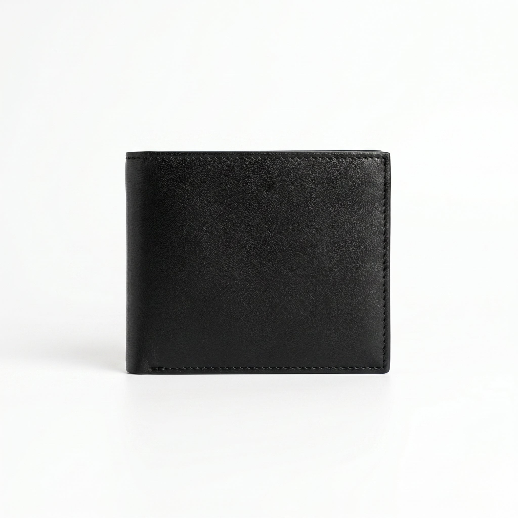 Full back view product photography of the Tommy Hilfiger textured black saffiano genuine leather trifold wallet displaying clean stitched edges