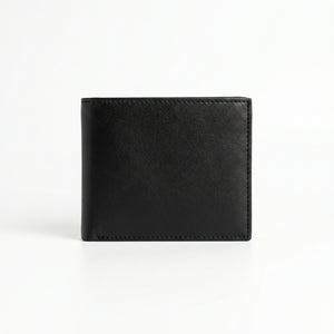 Full back view product photography of the Tommy Hilfiger textured black saffiano genuine leather trifold wallet displaying clean stitched edges