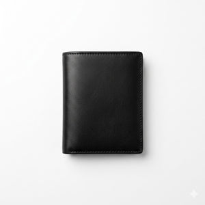 Full back view product photography of the Tommy Hilfiger smooth black genuine leather trifold wallet displaying clean stitched edges