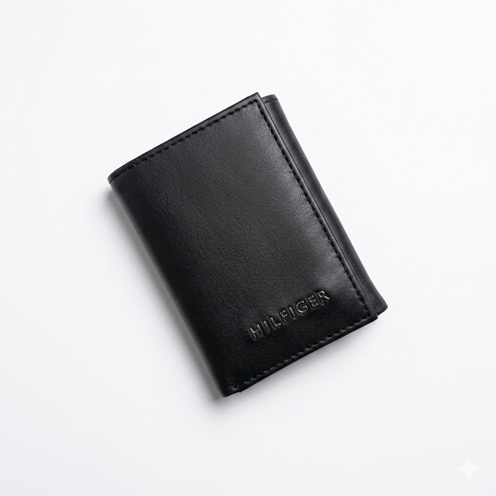 Professional angled studio photograph of the sleek Tommy Hilfiger mirror original smooth black leather trifold wallet