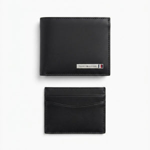 Product display showing the Tommy Hilfiger black smooth leather wallet alongside its matching independent slim card holder